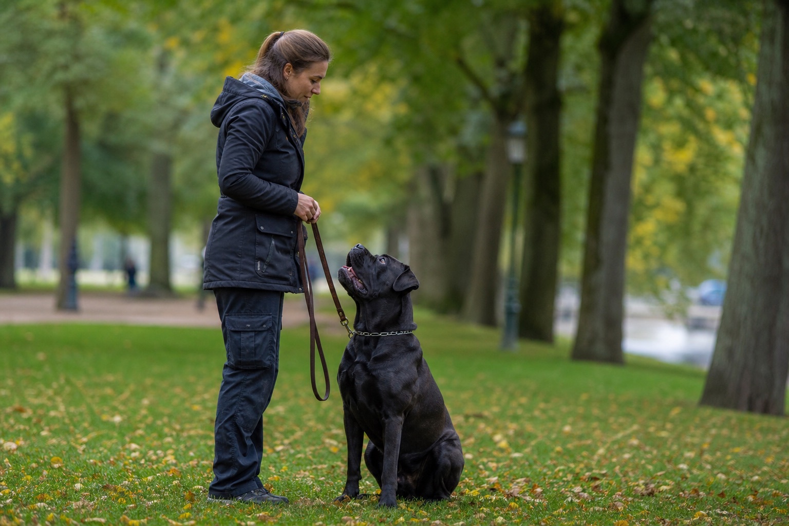 Een houten tafel bij een raam in de ochtend, met daarop een opengeslagen stamboom, een keurkaart en een lijn, naast een hond die op de achtergrond ligt te slapen, zacht daglicht van links.