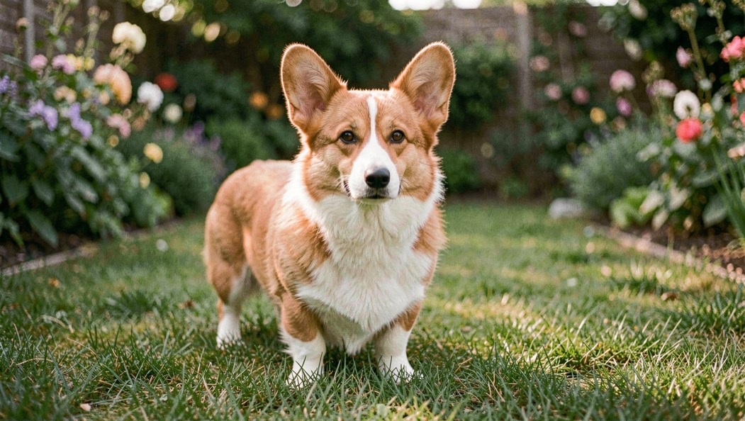 Een Pembroke Welsh Corgi met rode en witte vacht staand in kort gras in een tuin, oren rechtop, zacht zonlicht van opzij