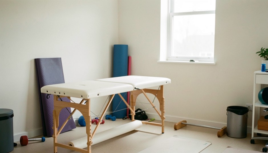 Een lichte fysiotherapiepraktijk met een behandeltafel, een oefenmat en hulpmiddelen langs de muur, zacht daglicht door een raam, niemand in beeld