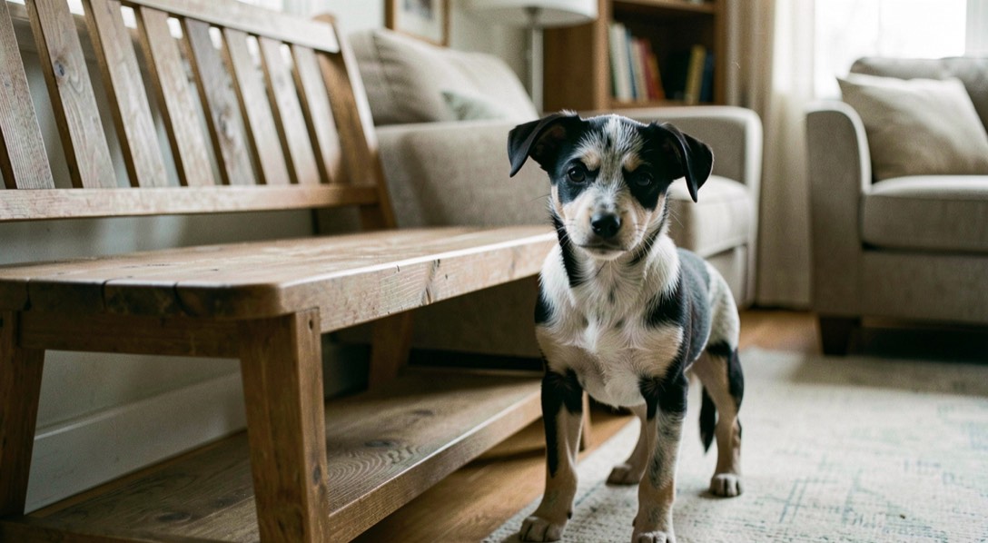 Een jonge zwart-zilveren Kleinspitz-pup die naast een open bench in een huiskamer staat, zacht daglicht, rustige sfeer