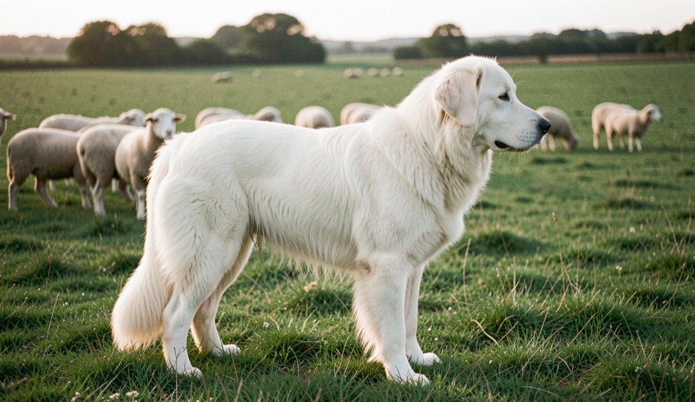 Een grote witte Kuvasz-herdershond staand in profiel in een groene weide met schapen op de achtergrond, laag ochtendlicht, rustige houding