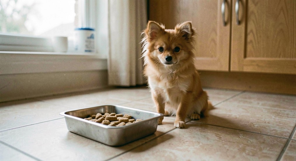 Een kleine oranje Spitz Nain-pup zittend op een keukenvloer naast een voerbak met brokjes, zacht daglicht uit een raam